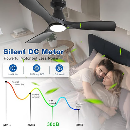 DLLT 42-Inch Ceiling Fans with Lights: Flush Mount Ceiling Fan 3 Blades for Indoor Outdoor - Black Ceiling Fan with Remote APP Control Noiseless for Low Profile Bedroom