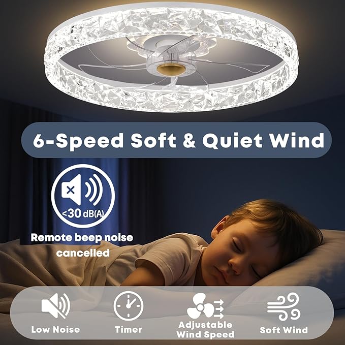 Fszdorj 20'' Ceiling Fan with Light, Upgraded Low Profile Fan, Flush Mount Ceiling Fan, 6 Speeds, Dimmable LED, App & Remote Control, Quiet DC Motor, for Bedroom, Living Room, F098 White