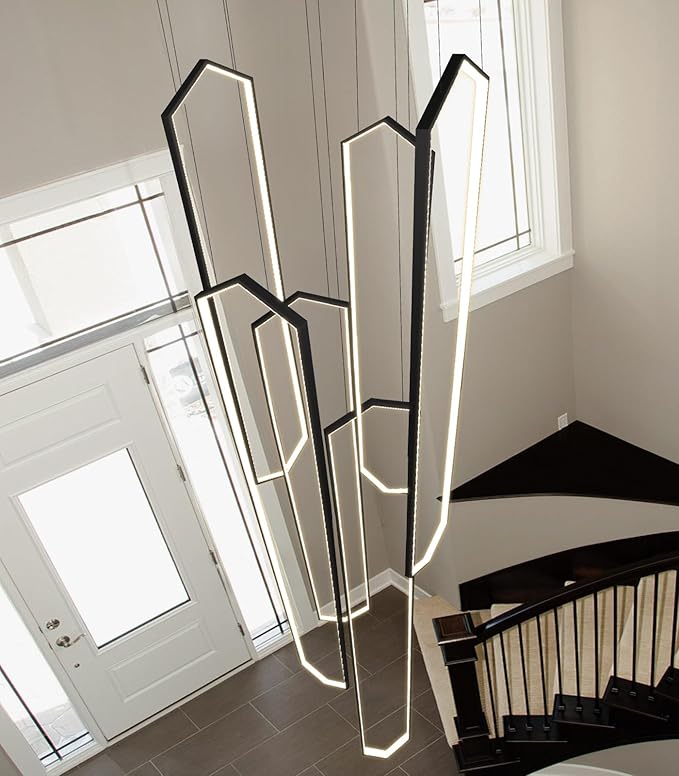 6 Rings Large Chandelier for Staircase Modern High Ceiling Chandelier LED Dimmable Chandeliers for Foyer Staircase Enterway Living Room Villa Black