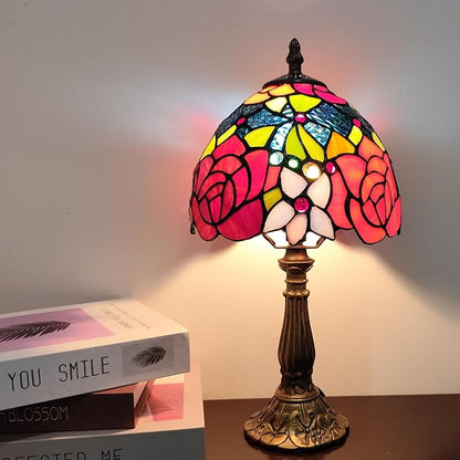 Small Tiffany Table Lamp 8 Inch Tiffany Style Desk Lamp Stained Glass Antique Light Decoration Bedroom Bedside Lamp Retro Reading Lamps (Red Roses Flowers Style)