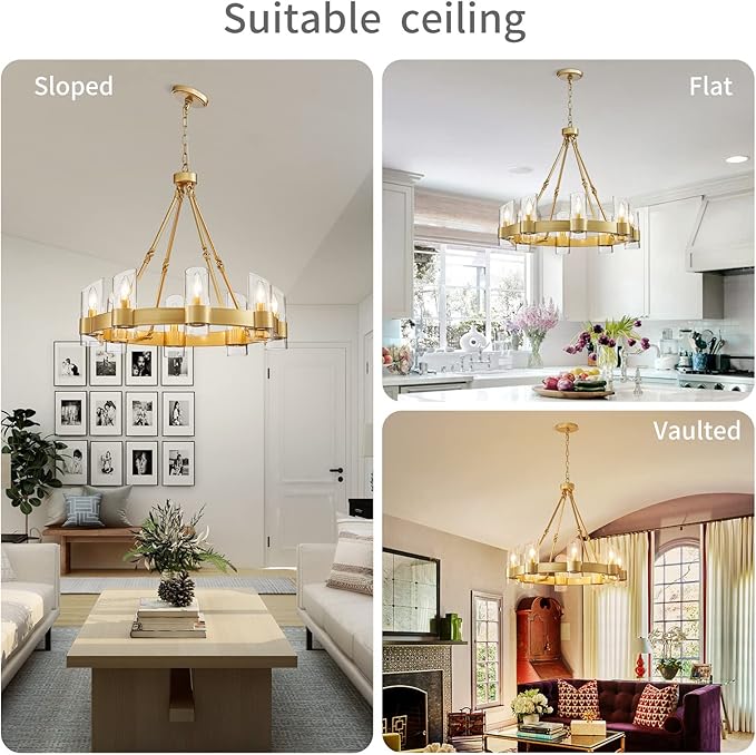 WUZUPS Wagon Wheel Chandelier 8-Light with Clear Glass Industrial Modern Farmhouse Round Light Fixture for Dining Room Kithen Island Foyer, Width 26" Height 22", Gold