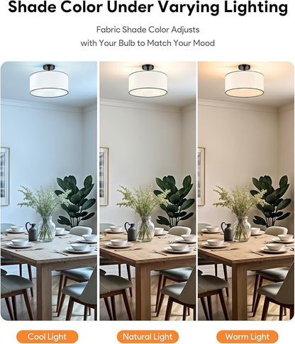 VONLUCE Semi-Flush Mount Ceiling Light, 15" Modern 3-Light Ceiling Light Fixture with White Drum Shade 3 E26 Sockets for Bedroom Entryway Living Room, Black Finish, ETL Certificated