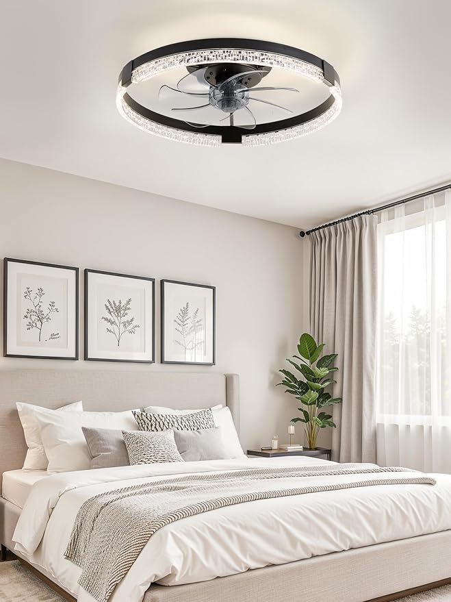 LEDIARY Flush Mount Ceiling Fan with Lights and Remote, 19.7'' Low Profile, 3000-6000K Dimmable Fandelier, 6 Wind Speeds, Black Modern LED Fan Light for Bedroom