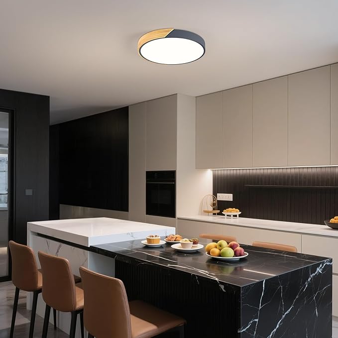 Modern LED Ceiling Light, Minimalist Wood Flush Mount Ceiling Light Fixture, 4000K Not Dimmable, Circle Lighting Lamp with Acrylic Lampshade for Bedroom Dining Room Laundry (Grey, 15.8'')