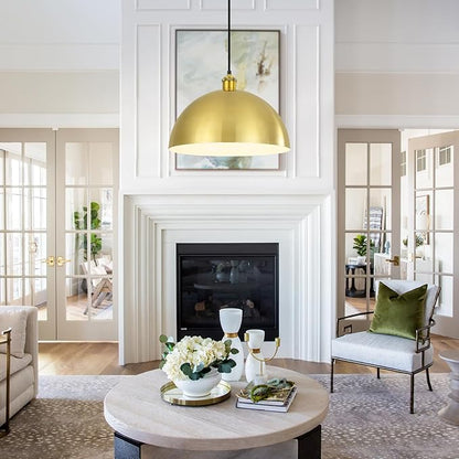 Gold Pendant Light, 12" Farmhouse Ceiling Light with Gold and White, Elegant Semi-Circular Shade Design, Adjustable Height Industrial Dome Pendant Lights for Kitchen Island, Dining Room