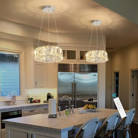 HAIXIANG Modern Crystal Chandelier Dimmable LED 8 Inch Ring Pendant Lights Adjustable Glam Chandeliers Lighting Fixtures for Dining Room Living Room Bedroom Silver Light