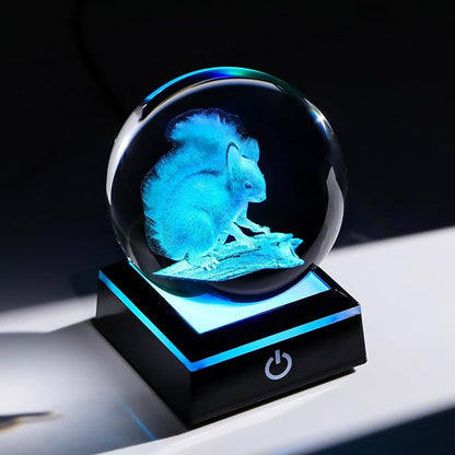 Arikyrist 3D Squirrel Figurine Crystal Ball with Colorful Light Base, Laser Engraved Squirrel Gifts for Women Men on Christmas Birthday, Squirrel Ornament Glass Decorative Ball for Home Decor (80mm)