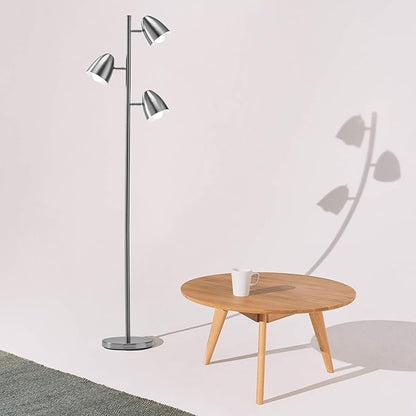 Brightech Jacob LED Standing Lamp, Modern Bright Floor Lamps for Living Rooms & Bedrooms, Tall LED Lighting Lamp with Adjustable 3 Light Tree – Satin Nickel