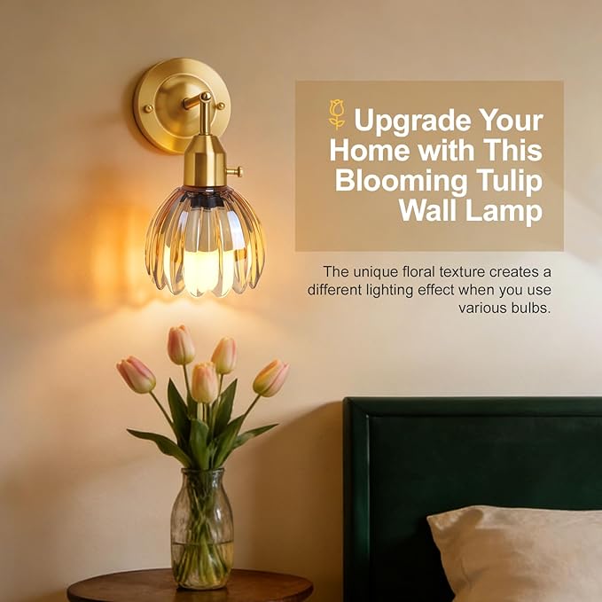 Vintage Gold Wall Sconces Set of 2 with Cute Amber Tulip Glass Lampshade, Hardwired and Wireless Wall Mounted Light Fixtures (2 Usage Methods) with Switch for Bedside Bedroom Living Room Wall Decor