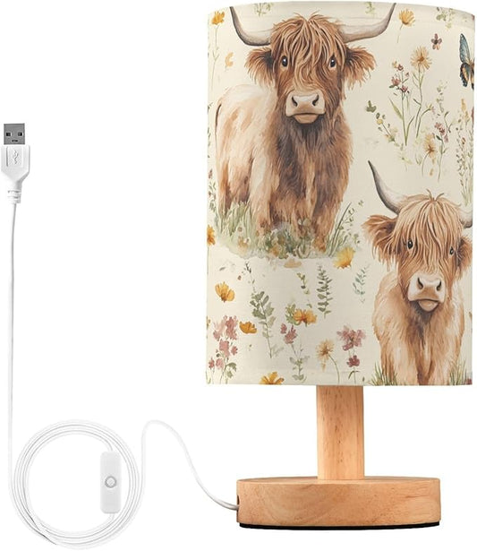 Bedside Table Lamp Highland Cow Butterfly Flowers Nightstand Lamp with Wood Desk Lamps for Bedroom Living Room Nursery Office Home Decor