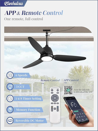 Fanbulous 42" Outdoor Ceiling Fan with Light, IP65 Waterproof Wet Rated, Plug in Gazebo Fan with 10FT Cord, Smart APP & Remote, 6-Speed Reversible DC Motor, 3CCT Dimmable LED for Patio Porch (Black)