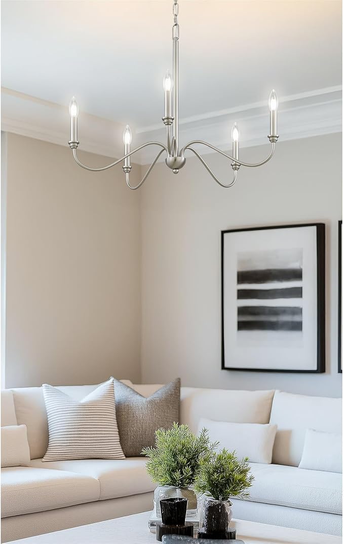 Kira Home Archer 28" 5-Light Farmhouse Chandelier, Brushed Nickel Ceiling Fixture with Elegant Curved Swoop Arms, Brushed Nickel Finish