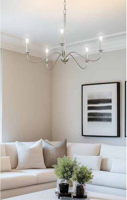 Kira Home Archer 28" 5-Light Farmhouse Chandelier, Brushed Nickel Ceiling Fixture with Elegant Curved Swoop Arms, Brushed Nickel Finish