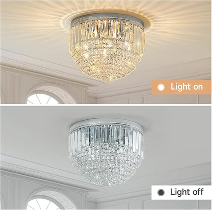 YMP&YZX 5-Lights Crystal Chandelier,15.7" Modern Ceiling Light Fixture Lamp,Flush Mount Round Metal Shade Chandelier E12 Base for Dining Room Living Room Bathroom Bedroom Chrome