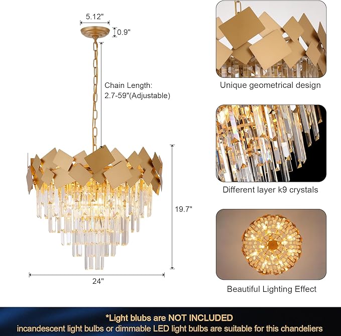 Modern Crystal Chandeliers Dining Room Chandelier over Table Gold Crystal Ceiling Pendant Light 24'' Chandelier k9 Luxury Hanging Lamp Fixtures Round Chandelier for Entryway Foyer Dining Room Bedroom