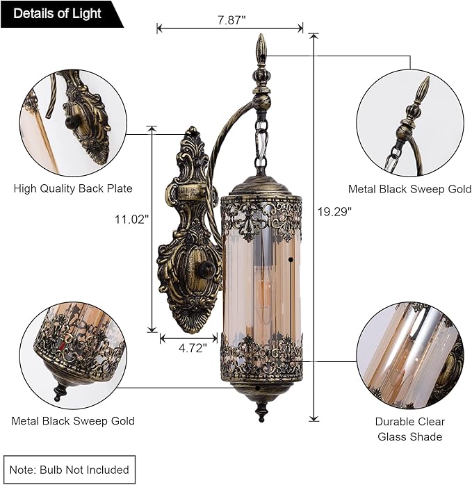 Vintage Wall Sconce with Amber Glass, Rustic Black Brushed Gold Farmhouse Wall Light Fixture, Antique Gothic Decorative Metal Wall Lamp for Hallway, Bedroom, Living Room, Entryway