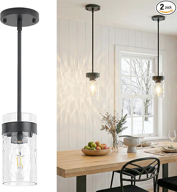 Water Ripple Glass Pendant Lights Kitchen Island Black Pendant Light Fixtures Adjustable Modern Mini Hanging Light for Sink Dining Room Foyer Entryway Bar, 2 Pack