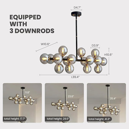16 Lights Mid Century Modern Chandelier Black Linear Chandelier Light Fixtures Glass Globe Sputnik Pendant Light for Dining Room Kitchen Island (Smoke Gray Lampshade)
