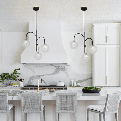 3-Light Clear Glass Globe Chandelier Farmhouse Black Pendant Lights Kitchen Island Light Modern Dining Room Chandelier Mid Century Sputnik Ceiling Light Fixture