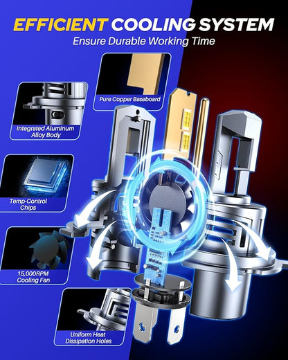 AUTOONE H4 LED Light Bulbs Upgraded 900% 50000LM Brightness 6500K White H4/9003/HB2 Hi Lo w/Cooling Fan for Halogen, 1:1 Size 99% Compatibility, Plug-N-Play, Longer Lifespan