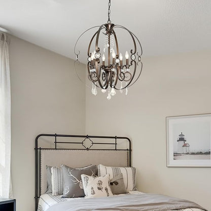 Oil-Rubbed Bronze Crystal Chandeliers for Dining Room Light Fixture, 6-Light 26 Inch Sphere Vintage Chandelier for Kitchen Island, Living Room, Foyer, Staircase, Entry, Villa