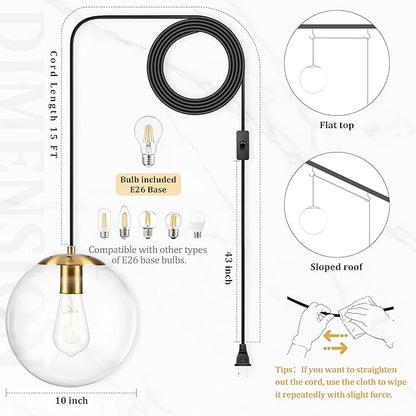 KoKo&Yukina 10" Globe Pendant Light Gold Plug in Pendant Light Adjustable Hanging Lights with Plug in Cord Brushed Gold Finished with Clear Glass Lampshade for Bedroom Kitchen Island（Bulb Included）