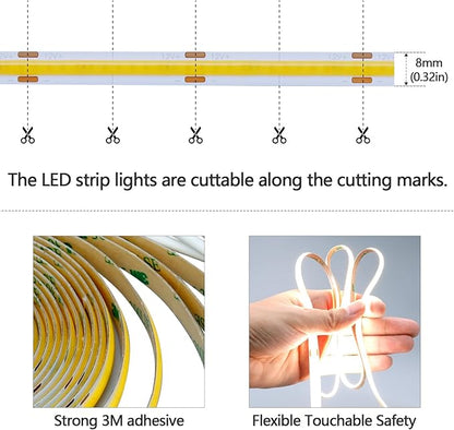 GOMING Motion Sensor COB LED Light Strip 16.4ft(5M) Natural White 4000K 3 Lighting Modes 3 Timing Off Modes 3 Brightness Modes with Power Adapter for Kitchen Cabinets Stair Showcase Bedroom Bed