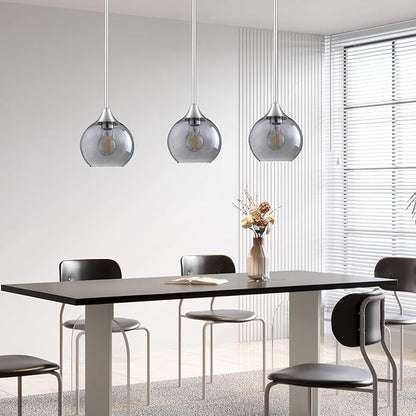 Pendant Lights Kitchen Island 3 Pack,Brushed Nickel Pendant Light Fixtures with Adjustable Rods,Seeded Glass Kitchen Pendant Lighting Over Island,Modern Island Lights for Kitchen Dining Room-E26 Base