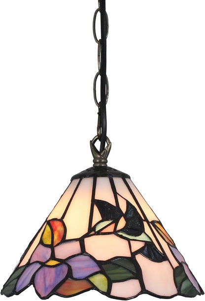 Bieye L11007 Hummingbird Flower Tiffany Style Stained Glass Ceiling Pendant Fixture with 8 Inch Wide Handmade Lampshade, Blue