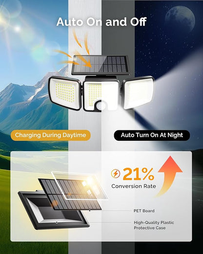 Brightown 2 Pack Solar-Security-Flood-Outdoor-Lights-with-Motion-Sensor, 223 LED 3 Head 270° Angle Street Area Security Lights with Remote, IP65 Waterproof Wall Lights with 3 Modes for Yard Outside