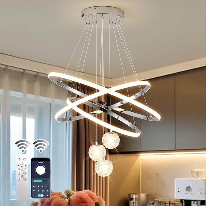 ORANOOR LED Modern 3 Ring Chandeliers for Dining Room, 24in Dimmable Kitchen Pendant Lamp, Silver Dining Room Light Fixtures Ceiling Hanging Over Table, Globe Round Chandeliers for Living Room, Chrome