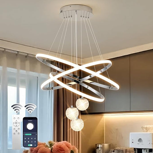 ORANOOR LED Modern 3 Ring Chandeliers for Dining Room, 24in Dimmable Kitchen Pendant Lamp, Silver Dining Room Light Fixtures Ceiling Hanging Over Table, Globe Round Chandeliers for Living Room, Chrome