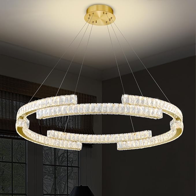 D47.5'' Gold Modern Crystal Ring Chandeliers for Living Room Dinning Room Crystal Pendant Light Dimmable 3000k-6000k
