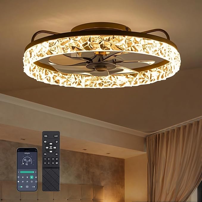 DIAMONDFORGE Ceiling Fans with Remote and Lights Fandelier - Modern Low Profile - 20'' Flush Mount Ceiling Fans for Bedroom,6 Speeds and Stepless Color Temperature- Crystal and Black
