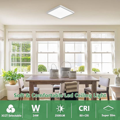 12 Inch 6PK Square LED Flush Mount Ceiling Light, 24W, 2500LM, 3000K/4000K/6000K CCT Selectable, LED Flat Panel Low Profile Ceiling Light Fitures for Hallway, Kitchen, Bedroom, Laundry Room