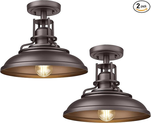 FEMILA Industrial Semi Flush Mount Light Fixture, 12" Farmhouse Ceiling Light Fixture for Porch, Hallway, Kitchen, Bedroom, 2 Pack, Oil Rubbed Bronze, 4FY15-F-2PK ORB