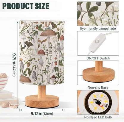 Bedside Table Lamp Mushrooms Nightstand Lamp with Wood Vintage Flower Leaves Desk Lamps for Bedroom Living Room Nursery Office Home Decor