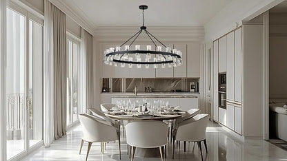 48 Inch Black Wagon Wheel Chandelier with Crystal Shade, 48 Lights, Modern Farmhouse Style, Ideal for Dining Room, Kitchen, Entryways