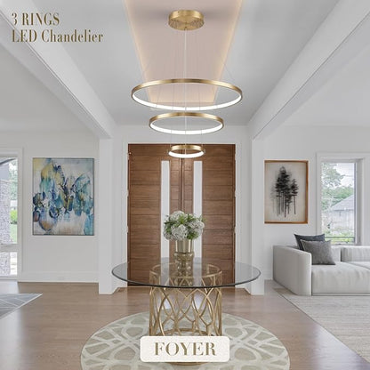 3 Rings LED Chandeliers Modern Gold Chandelier Dimmable Flush Mount Pendant Light Fixture Remote Control Contemporary Pendant Chandelier for Dining Room Bedroom Foyer, 3000-6500K