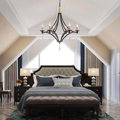 Modern Crystal Chandelier, 6-Lights Black and Gold Farmhouse Chandeliers for Dining Room Light Fixtures Hanging, Modern Black Pendant Light for Bedroom Foyer Living Room Kitchen Island Entryway Office