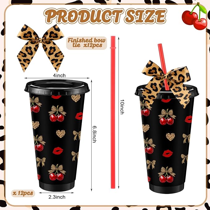12 Sets Cherry Cheetah Print Party Supplies 24 oz Reusable Cherry Leopard Print Party Plastic Cup and Cheetah Bow Bulk Let's Get Wild Themed Drinking Cup for Birthday Baby Shower Decoration