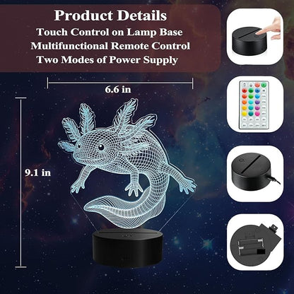 Axolotl Night Light, Axolotl Gifts, 3D Illusion Lamp with Remote Control, 16 RGB Colors, 4 Flashing Modes, Timer, Dimmable, Axolotl Toys Stuff for Decor for Holiday Birthday Christmas