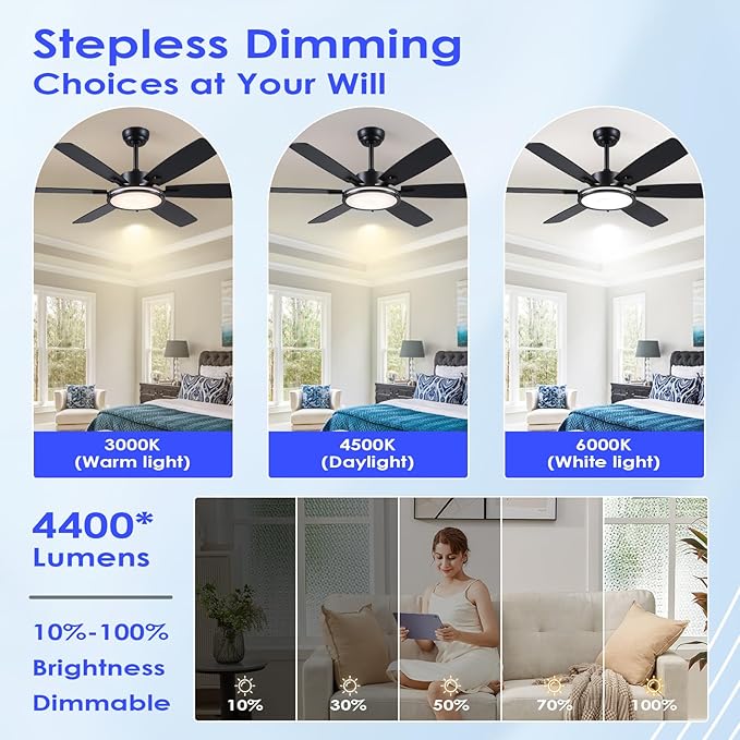 Hounberi Ceiling Fans with Lights, 52 Inch Black Ceiling Fan with Light and Remote Control, 3CCT, 6 Speeds, Quiet Reversible DC Motor, Dimmable, Ceiling Fan for Bedroom, Patio, Living Room