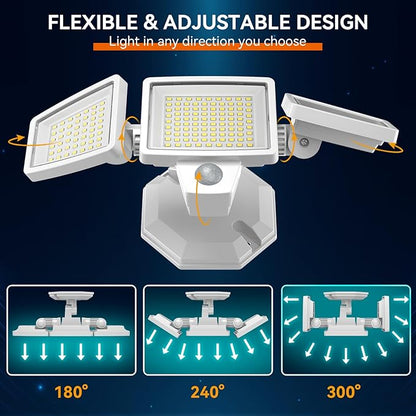 LED Security Lights Motion Sensor Outdoor Lights, 6500K Daylight, IP65 Waterproof, Dusk to Dawn, 3-Head Motion Detected Flood Light for Garage, Yard, Porch, White, 2 Pack