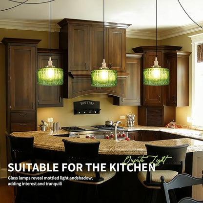 Plug in Pendant Light Green Glass Pendant Lamp Striped Glass Shade Vintage Plug in Ceiling Hanging Lamp 1-Light with Plug in Cord Swag Ceiling Light for Kitchen Island Living Room