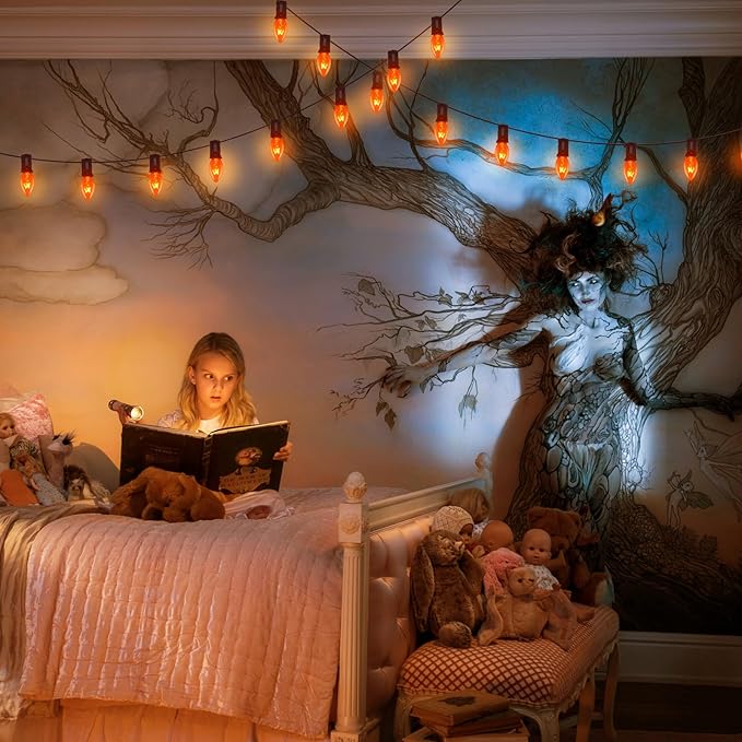 Abeja 25Ft C7 Orange String Lights with 27 Clear Orange Bulbs (2 Spare) - Vintage Halloween String Lights on Black Wire for Patio, Party & Spooky Decor