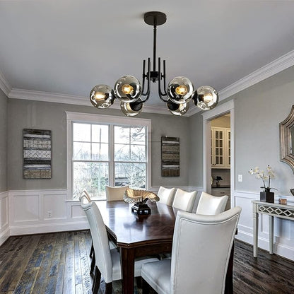 hesoge 6-Lights Glass Globe Sputnik Chandeliers Modern Metal Ceiling Light Fixture Black Semi Flush Mount Chandelier for Living Room Dining Room Bedroom Farmhouse Kitchen.