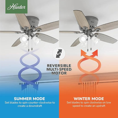 Hunter 52 inch Indoor Ceiling Fan with LED Lights - Ceiling Fan with Pull Chain, For Bedroom, Living Room, or Kitchen, Low Profile Flush Mount, No Remote, 5 Blades - Builder 51113, Matte Silver