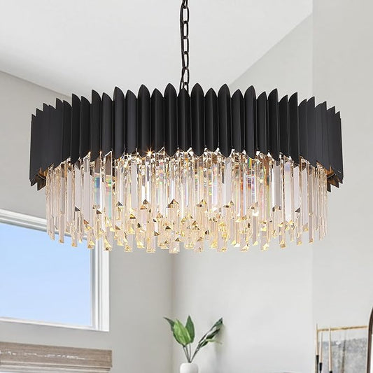 Large Crystal Chandelier Modern Black Chandelier for High Ceiling 12 Lights Large Staircase Lighr Round Pendant Light Fixture Hanging Ceiling Light for Dining Room Living Room Entryway Foyer