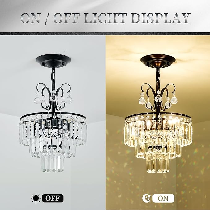 Black Crystal Chandeliers,3-Lights Modern Crystal Chandelier for Dining Room,3 Tiers Small Chandeliers for Living Room Bedroom Kitchen Entryway G9 Base